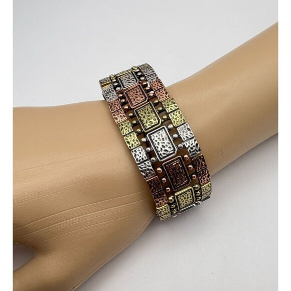 Tri Tone Metal Stretch Bracelet with Textured Panels Copper Silver Gold Tones - Picture 2 of 7